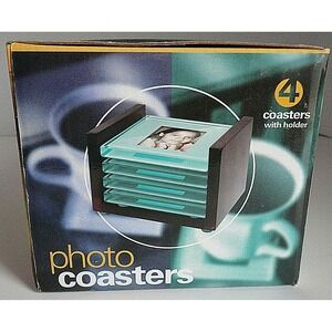 Photo Coasters 4 Beveled Glass Metal Wood Storage Holder Rack Cherished Accent